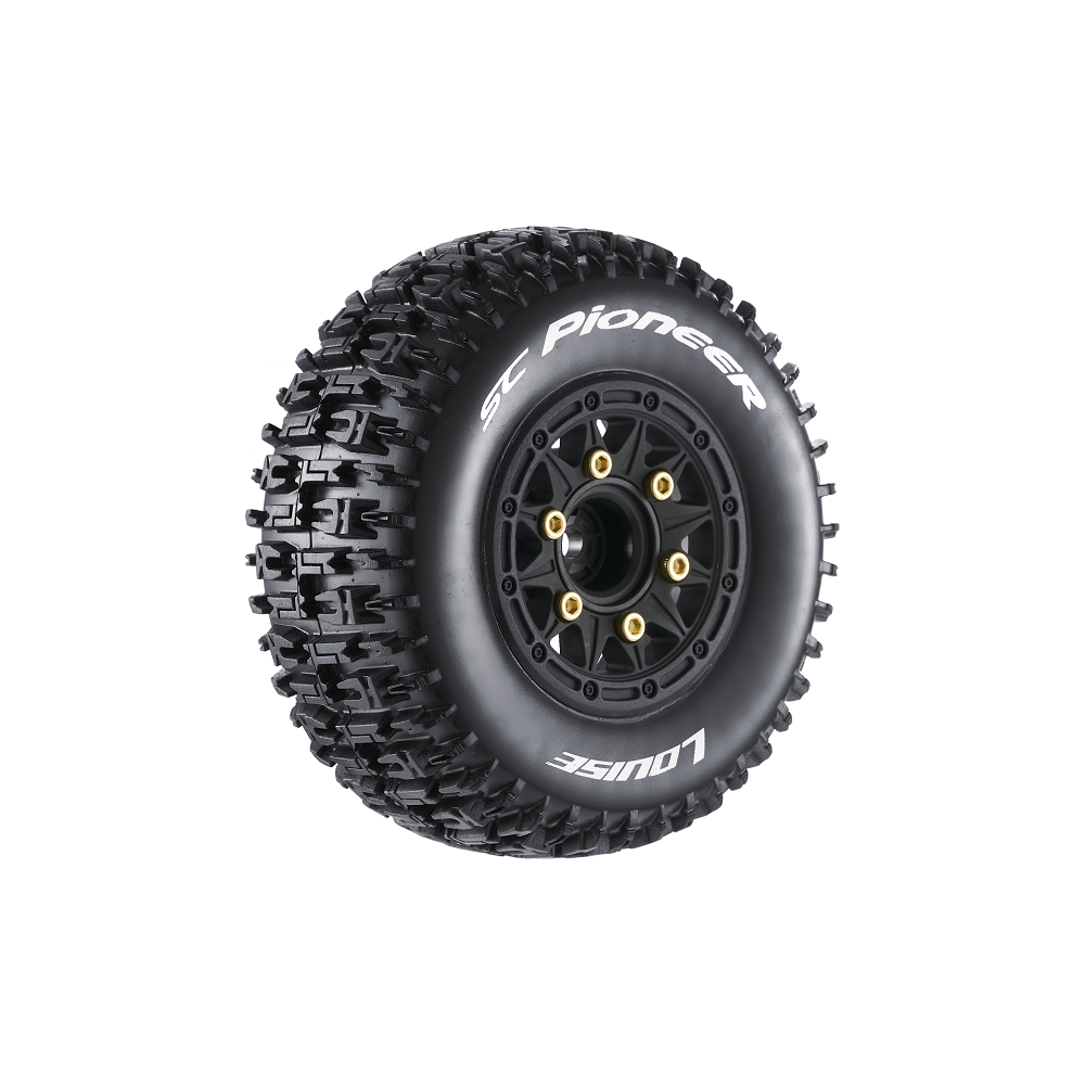 Louise SC-Pioneer 1/10 Short Course Tires, Soft, 12, 14 & 17mm Removable Hex on Black Rim (2)