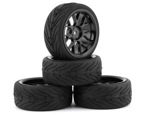 Yeah Racing Spec T Pre-Mounted On-Road Touring Tires w/CS Wheels (Black) (4) w/12mm Hex & 3mm Offset